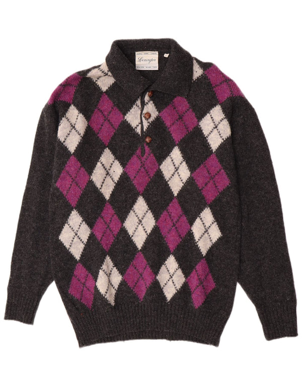 Pulover vintage pentru bărbați cu gât polo, lână virgină mare, gri Argyle/Diamond