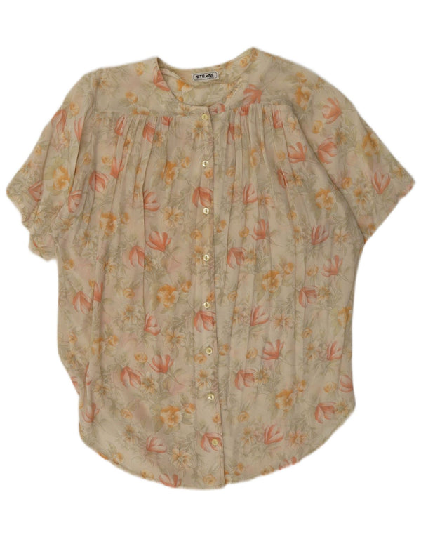 Bluză cămașă vintage pentru femei cu mânecă scurtă IT 42 Medium Bej Floral