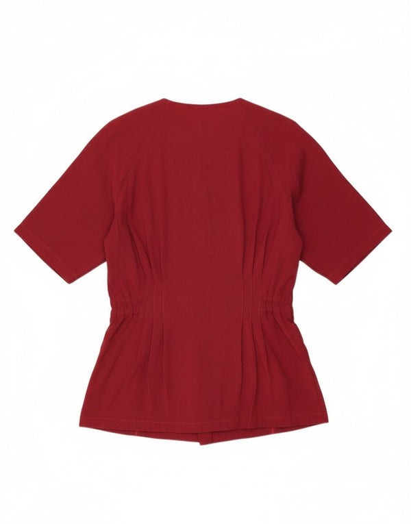 Jachetă vintage pentru femei cu mânecă scurtă, UK 14, mare, burgundă, florală