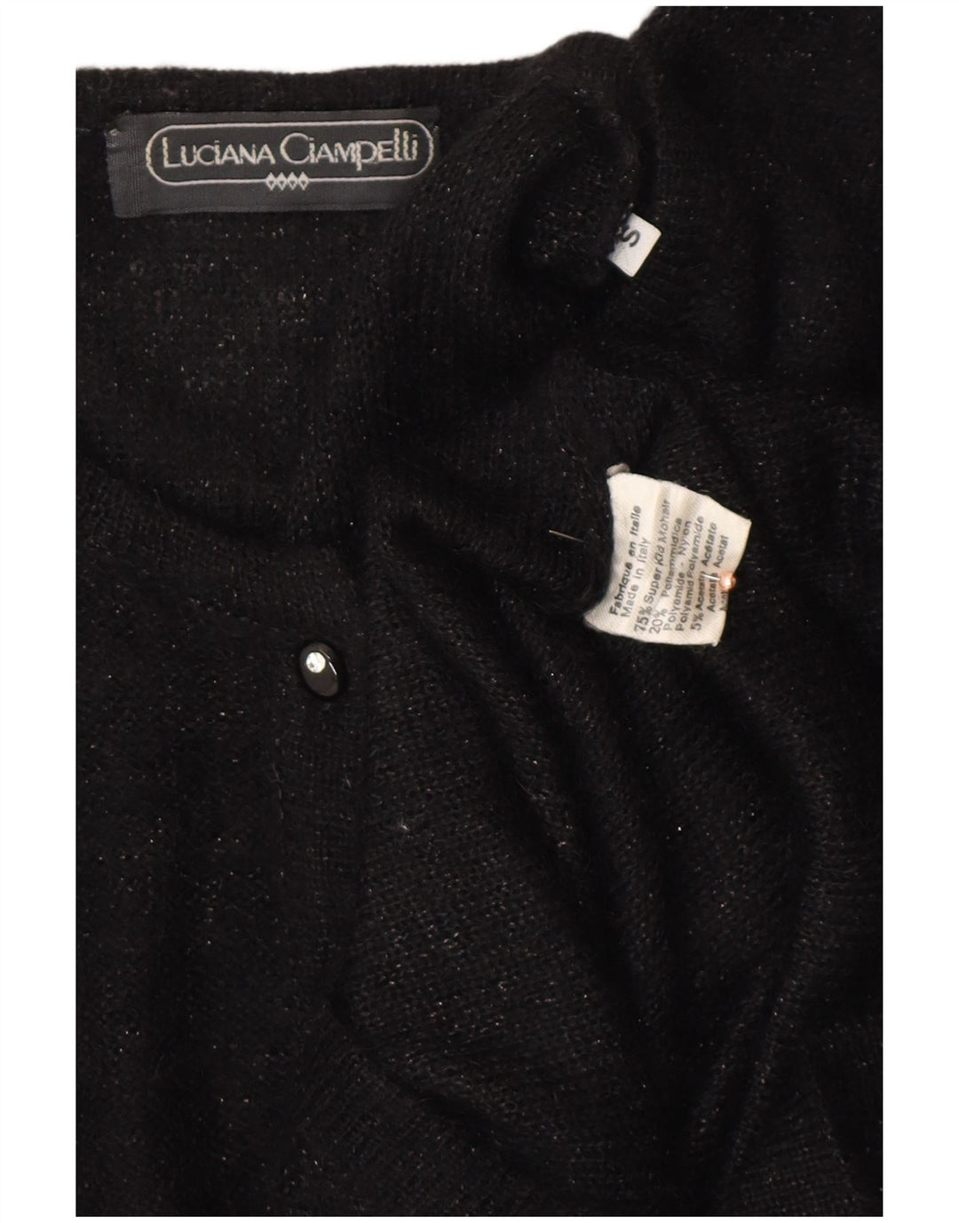 Pulover pentru femei VINTAGE cu gât cu nasturi, UK 10, mohair mic negru cu pete