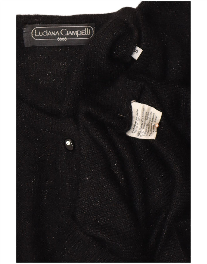 Pulover pentru femei VINTAGE cu gât cu nasturi, UK 10, mohair mic negru cu pete