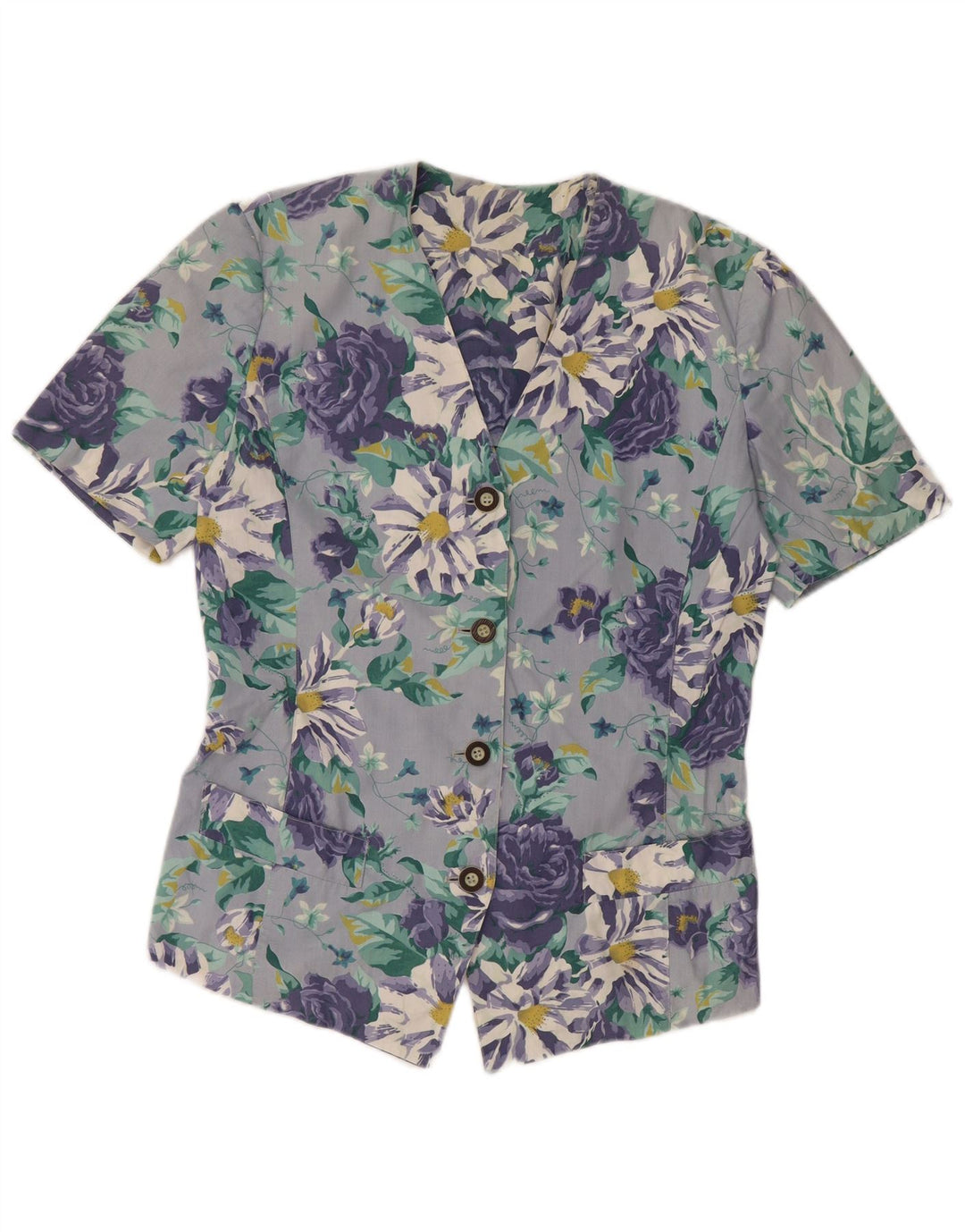 Bluză cămașă cu mânecă scurtă pentru femei VINTAGE UK 14, mare, albastră, florală