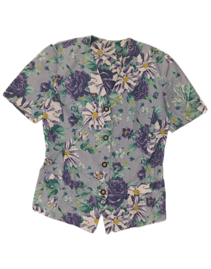 Bluză cămașă cu mânecă scurtă pentru femei VINTAGE UK 14, mare, albastră, florală