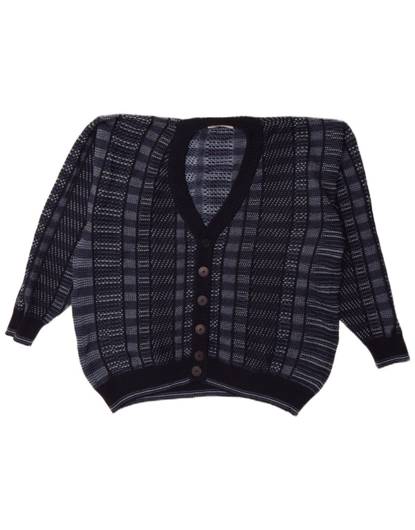 Pulover Cardigan Vintage pentru bărbați IT 52 Mare Lână Merinos Geometric Blue Marine