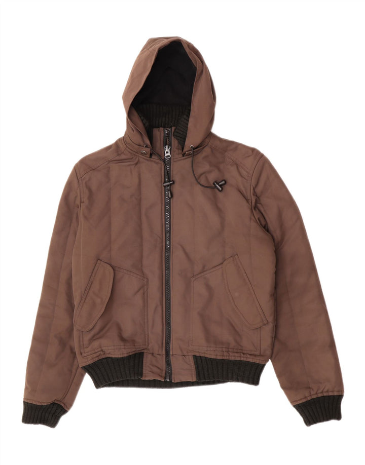 Bomber vintage pentru bărbați cu glugă, UK 38, maro mediu, poliester color bloc