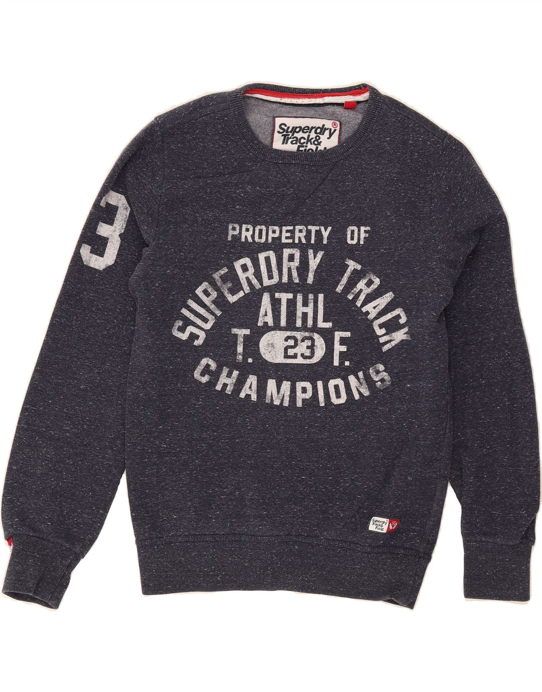 SUPERDRY Mens Graphic Sweatshirt Jumper Small Navy Blue Flecked Cotton Vintage Superdry and Second-Hand Superdry from Messina Hembry 