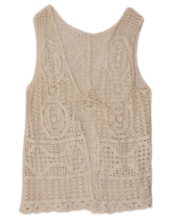 Top cardigan din croșetat fără mâneci vintage pentru femei UK 14 Medium White