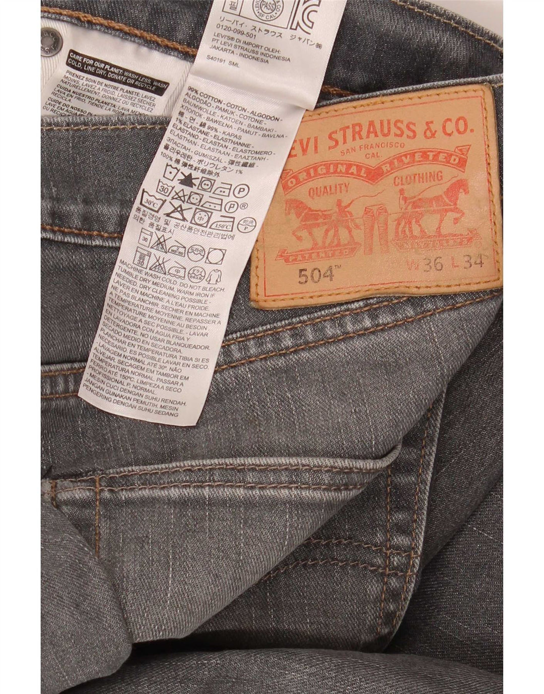 Blugi drepti pentru bărbați Levi's 504 W36 L34 bumbac gri