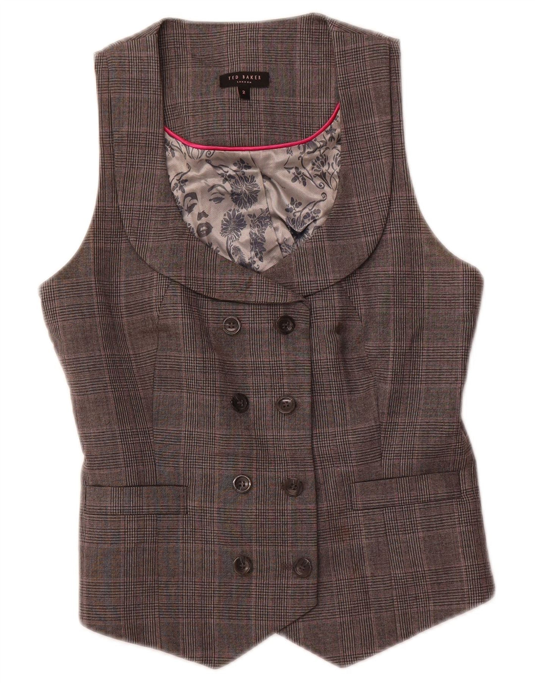 Gilet dublu pentru femei TED BAKER Mărimea 2 Lână mică, gri cu carouri