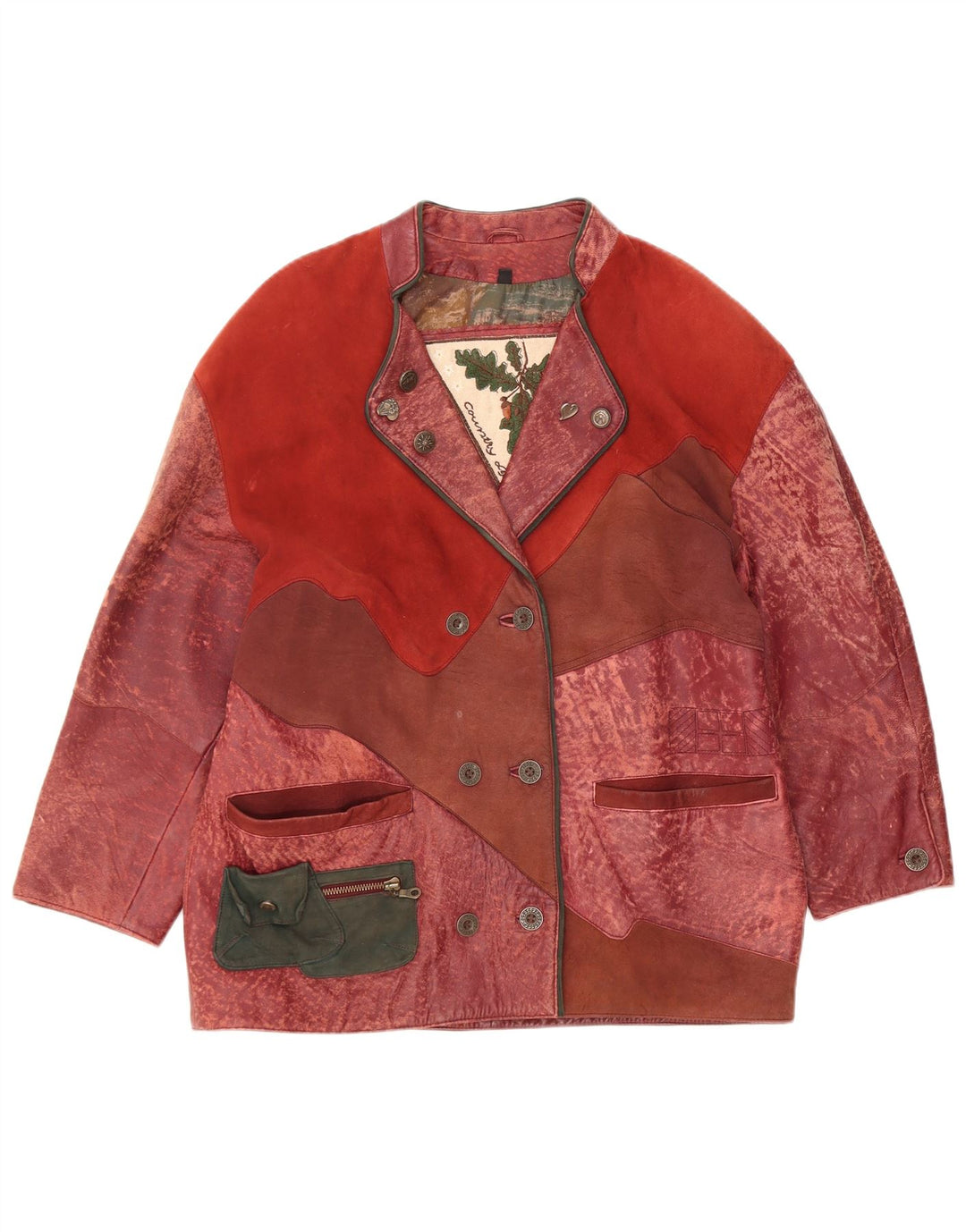 Jachetă de piele vintage pentru femei Country Wear UK 14 Medium Burgundy Patchwork