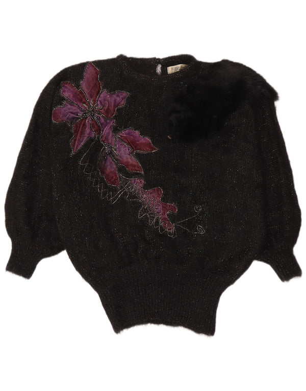 Vintage Womens Boat Neck Jumper Sweater UK 18 XL Black Floral Mohair