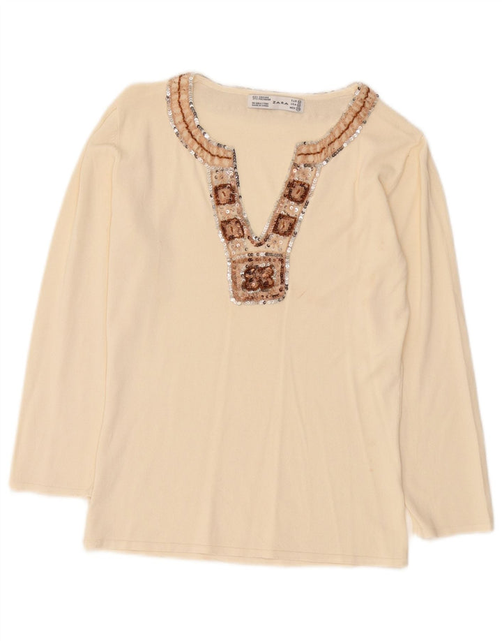 Top femei Zara cu mânecă lungă UK 12 Medium Bej Viscoză