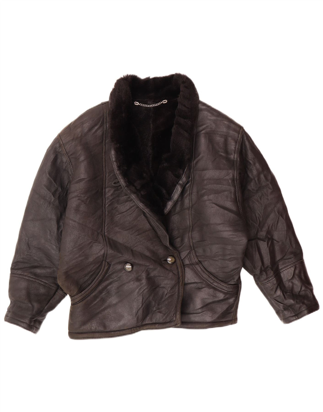 Jachetă pentru femei VINTAGE cu piept dublu EU 42 mare din shearling negru