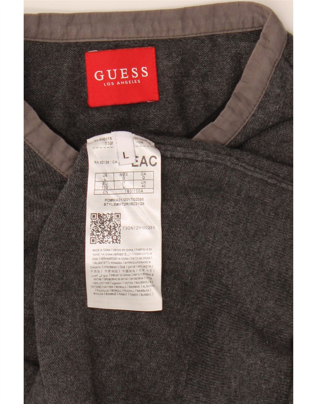 Pulover GUESS pentru bărbați, cu gât roșu, bumbac mare, gri