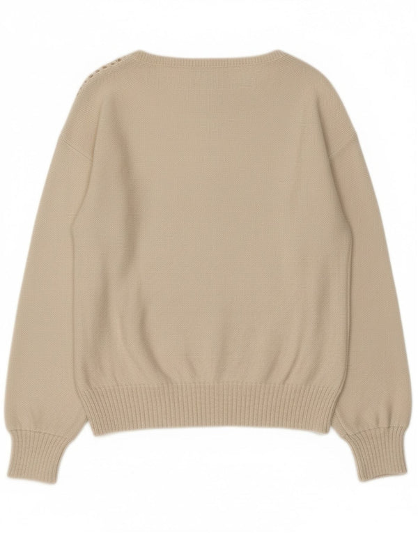 Pulover vintage pentru femei cu gât de barcă, UK 12, mediu, alb pătat