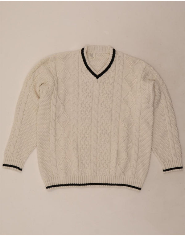 Pulover vintage pentru femei cu decolteu în V UK 20/22 XL alb acrilic