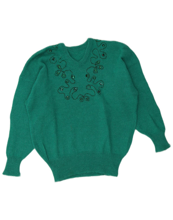 Pulover vintage pentru femei cu decolteu în V UK 16 mare, verde, floral