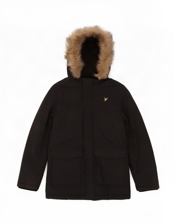 Jachetă parka cu glugă Lyle & Scott pentru băieți, 7-8 ani, nailon negru