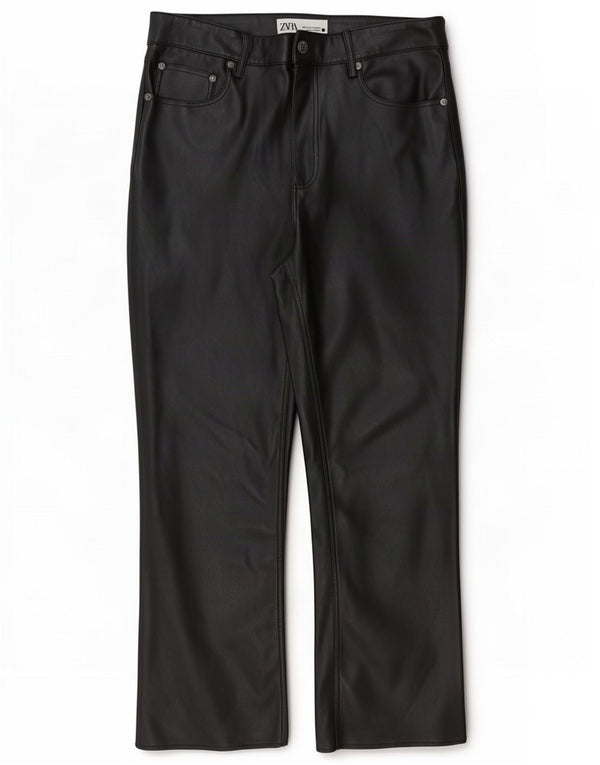 Pantaloni din piele artificială Zara pentru femei Crop Bootcut EU 38 Small W28 L25 Negru