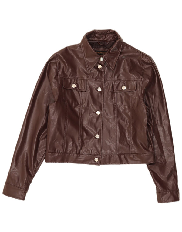 Vintage Womens Crop Faux Leather Bomber Jacket UK 14 Medium Brown Polyvinyl