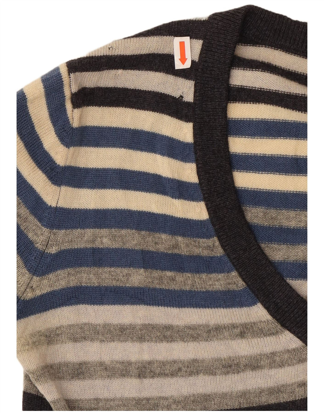 WOOLRICH Womens V-Neck Jumper Sweater UK 10 Small Grey Striped Wool