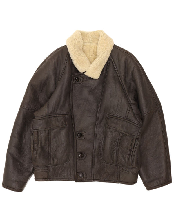 Jachetă vintage bărbătească din shearling IT 52 XL din piele maro