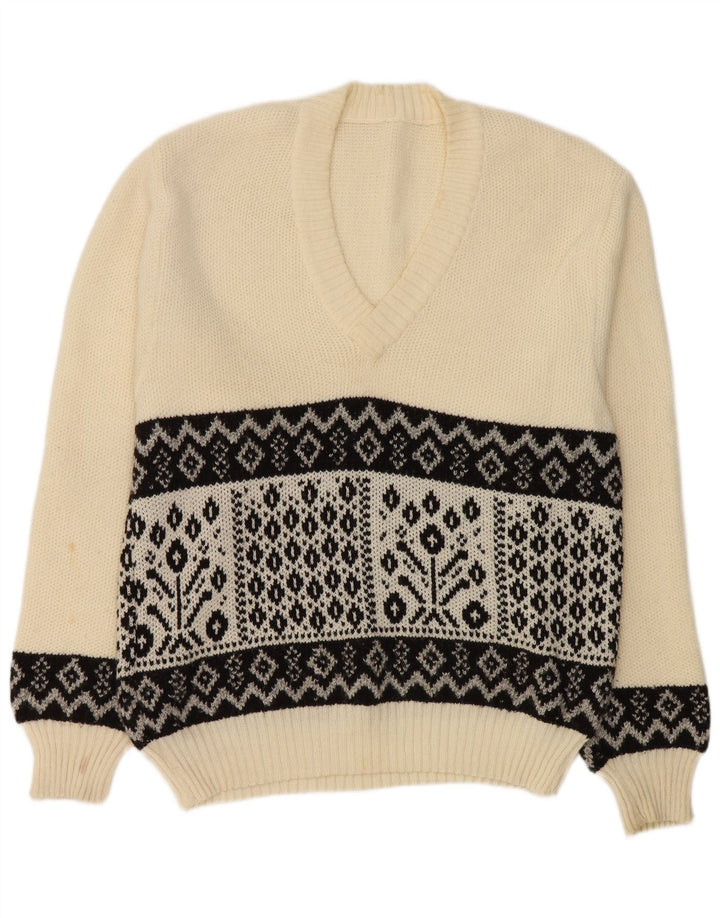 Pulover vintage cu decolteu în V pentru bărbați, alb mediu, geometric