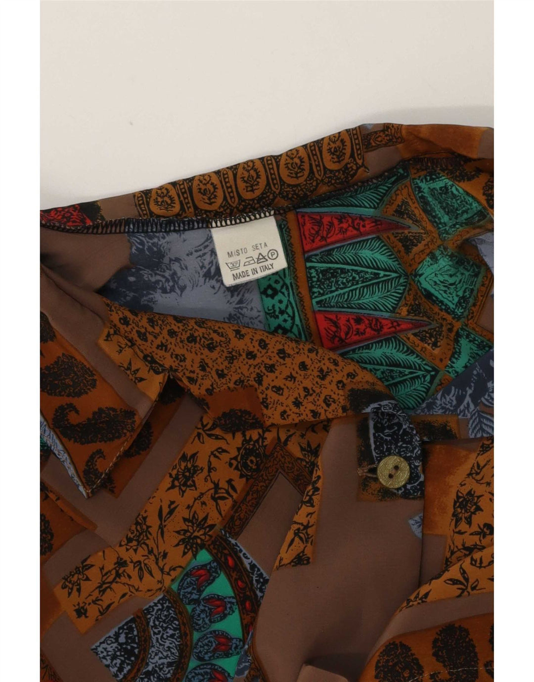 Bluză vintage pentru femei cu mânecă scurtă, cămașă UK 20 2XL maro din mătase mozaic