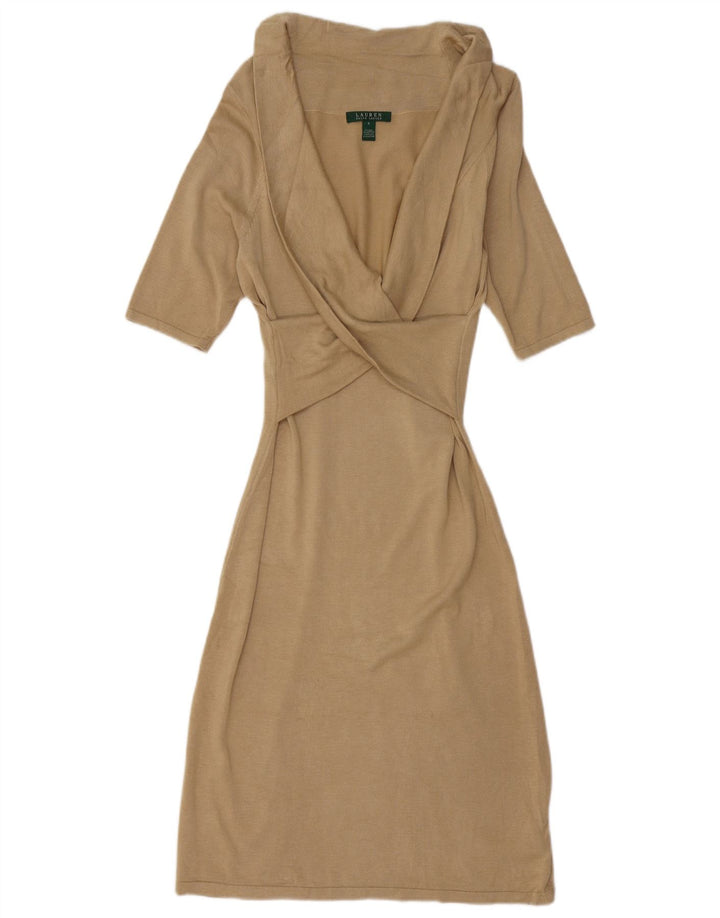 RALPH LAUREN Rochie pentru femei cu maneci jumatate din matase UK 10 Mica Bej