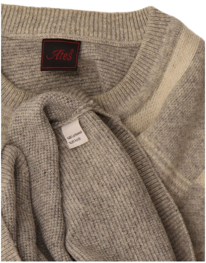 Pulover vintage pentru bărbați cu gât roșu, XL, lână de miel cu carouri gri