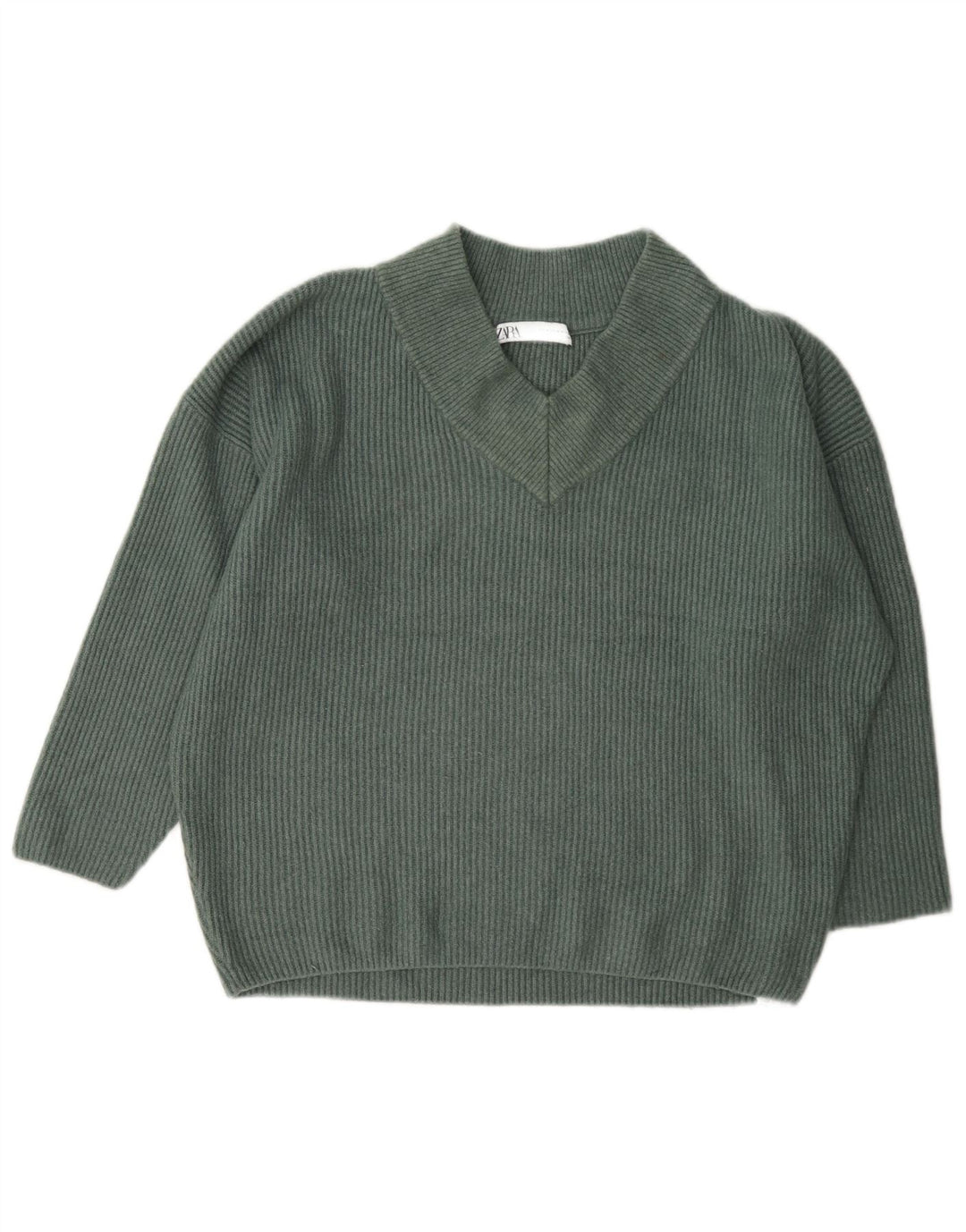 Zara Womens Oversized V-Neck Jumper Sweater UK 14 Medium Green Acrylic