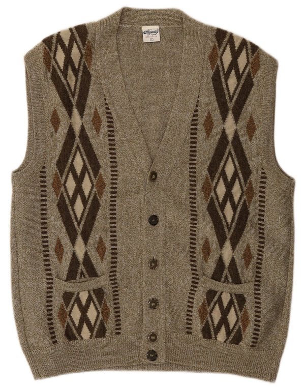 Cardigan Vintage pentru bărbați, fără mâneci, mare Kaki Argyle/Diamond Acrylic