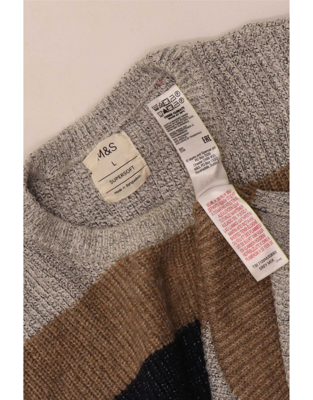Pulover pentru bărbați Marks & Spencer cu gât roșu, mare, gri, bloc de culoare