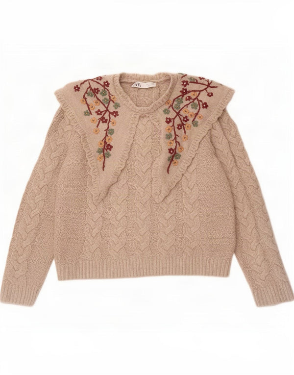 Pulover pentru damă Zara, cu gât turnut, UK 14, mare, bej, floral