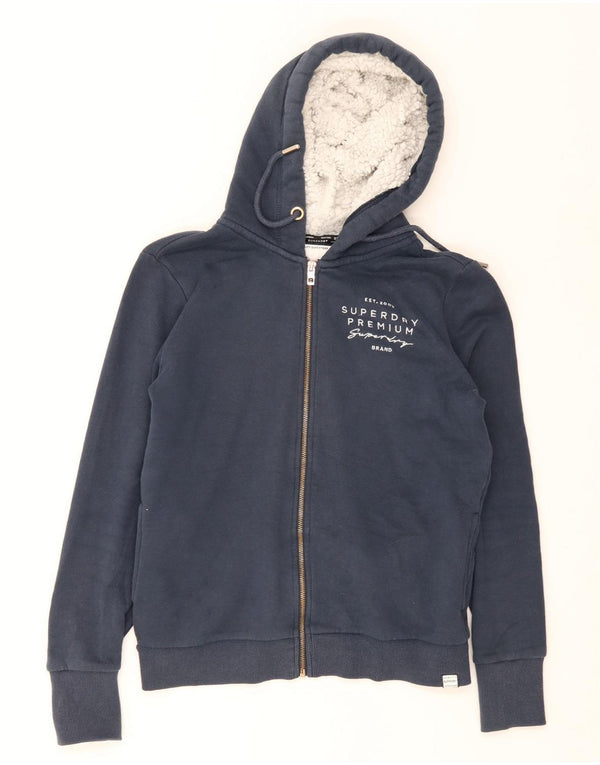 Pulover Superdry pentru damă, cu grafic, cu fermoar, cu glugă, UK 14, mare, albastru, bumbac