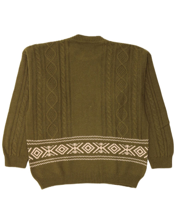 Pulover Lemon pentru bărbați cu decolteu rotund XL Kaki Lână Fair Isle