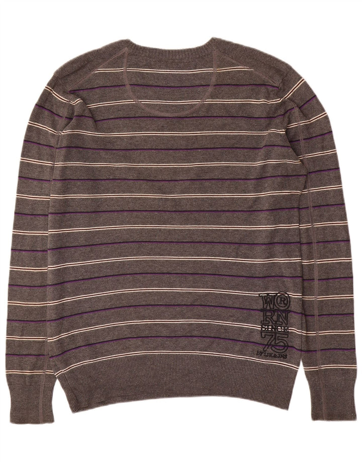Jack & Jones Pulover cu decolteu în V cu grafic pentru bărbați, cu dungi mari, gri