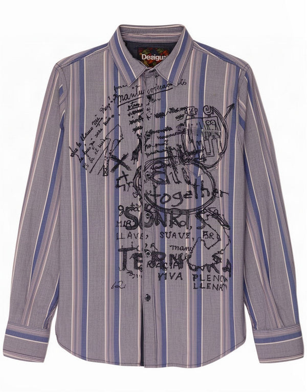 Camasa grafica Desigual pentru barbati XL bumbac cu dungi albastre