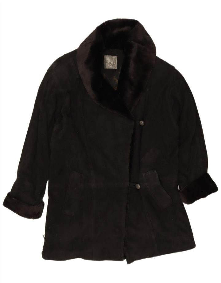 Pardesiu supradimensionat din piele intoarsa vintage pentru femei EU 38, piele medie neagra