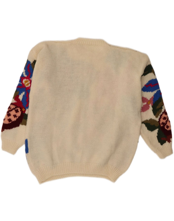 Pulover vintage pentru femei cu decolteu rotund, UK 18 XL, alb, cu flori