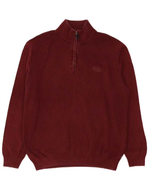 Pulover Superdry pentru bărbați, cu fermoar, cu gât, bumbac mare, burgundă