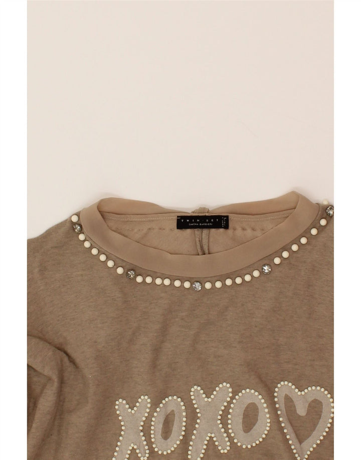 TWIN-SET Womens Graphic Top Long Sleeve UK 14 Medium Beige Vintage Twin-Set and Second-Hand Twin-Set from Messina Hembry 