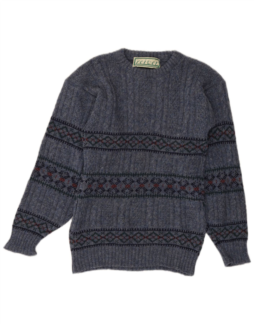 Pulover VINTAGE pentru femei cu decolteu rotund UK 10 Small Blue Fair Isle