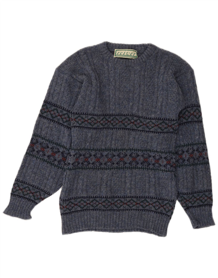 Pulover VINTAGE pentru femei cu decolteu rotund UK 10 Small Blue Fair Isle