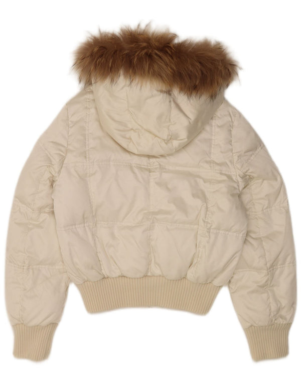 Jachetă căptușită cu glugă vintage pentru femei UK 14 Medium White Nylon