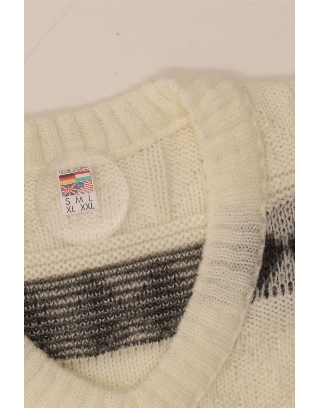 VINTAGE Pulover cu decolteu în V pentru bărbați, mare, alb deschis, Fair Isle