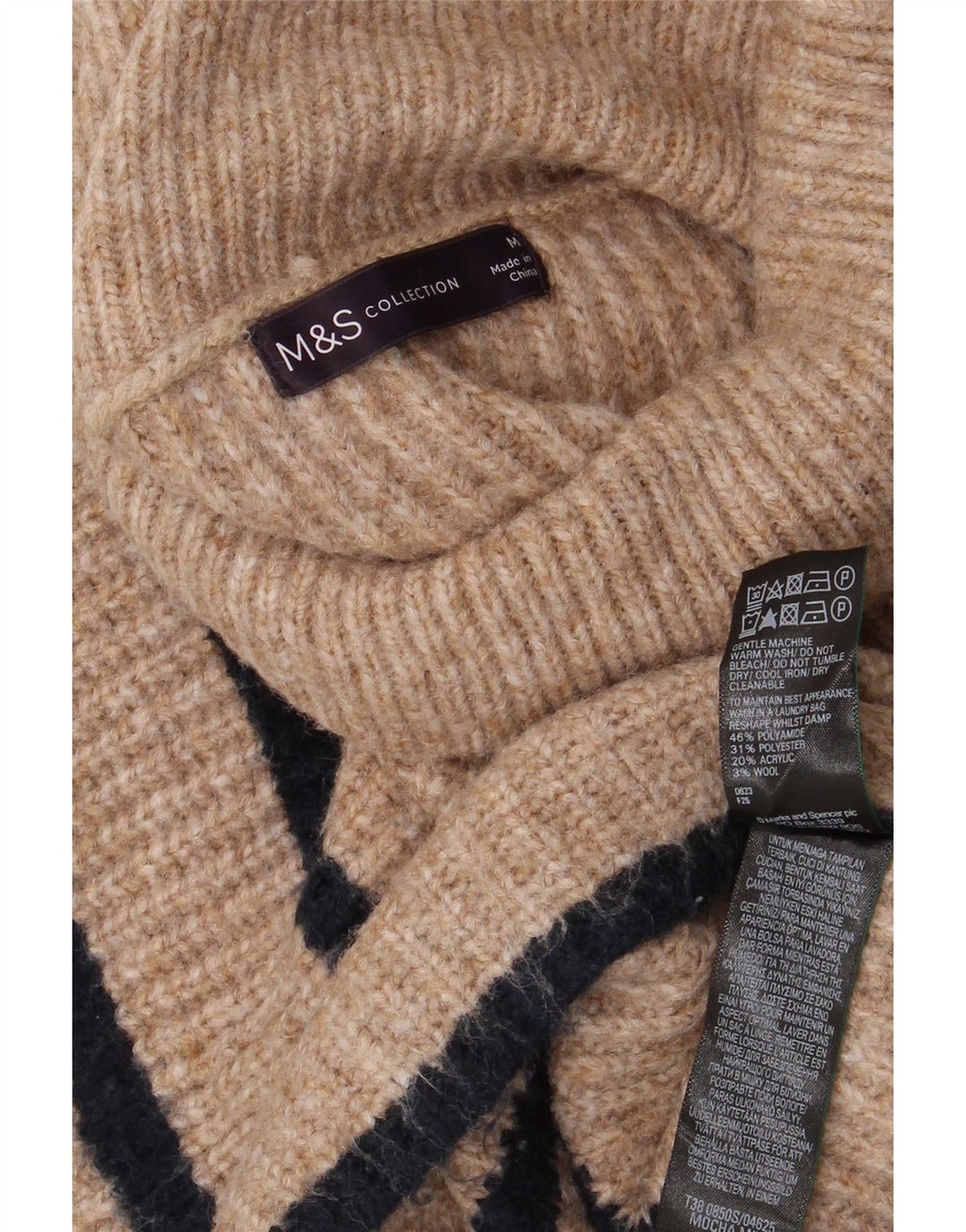Pulover pentru femei Marks & Spencer, cu gât rulat, cu dungi în dungi, în bej mediu, UK 14