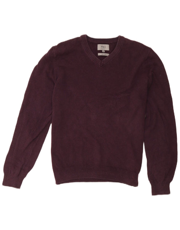 Pulover pentru femei Marks & Spencer, cu decolteu în V, UK 14, bumbac mediu burgundă