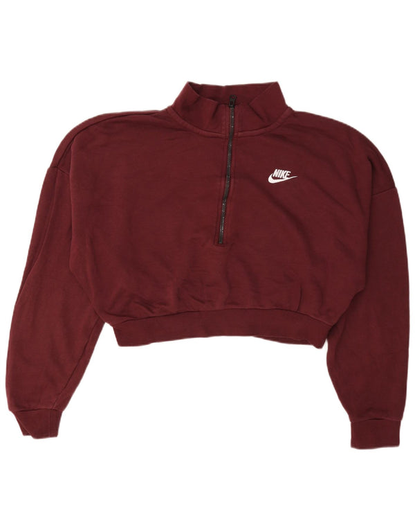 Pulover pentru femei Nike Crop, cu fermoar și gât, UK 14 Bumbac Burgundy mediu