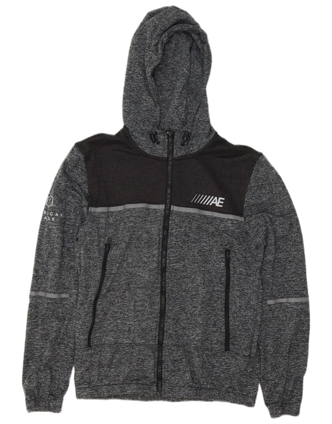AMERICAN EAGLE Pulover cu capota cu fermoar grafic pentru bărbați, gri mic, cu pete